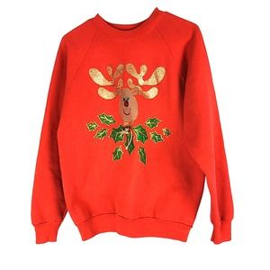 Vintage 90's Granny Ugly Christmas Women's Reindeer Print Red Sweatshirt Large
